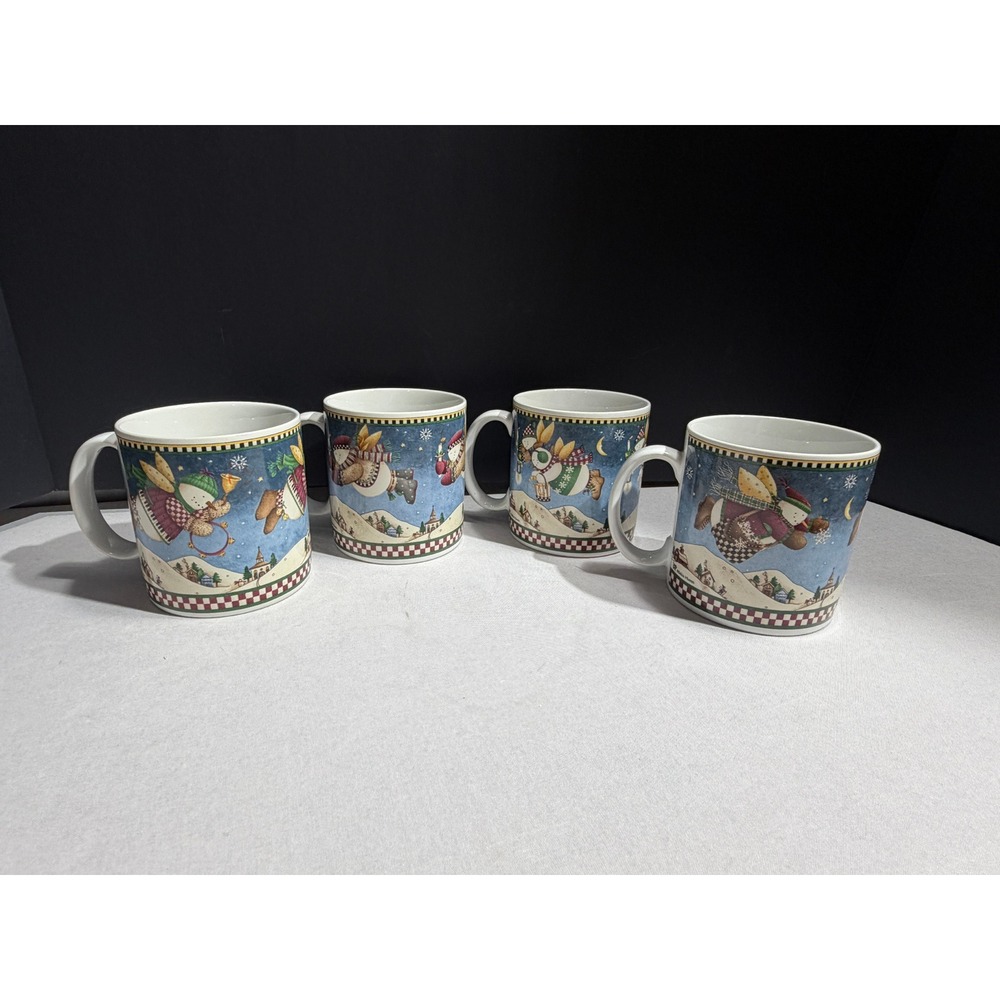 Debbie Mumm Sakura Flying Snowman Angel Christmas Coffee Mugs Set of 4 Stoneware